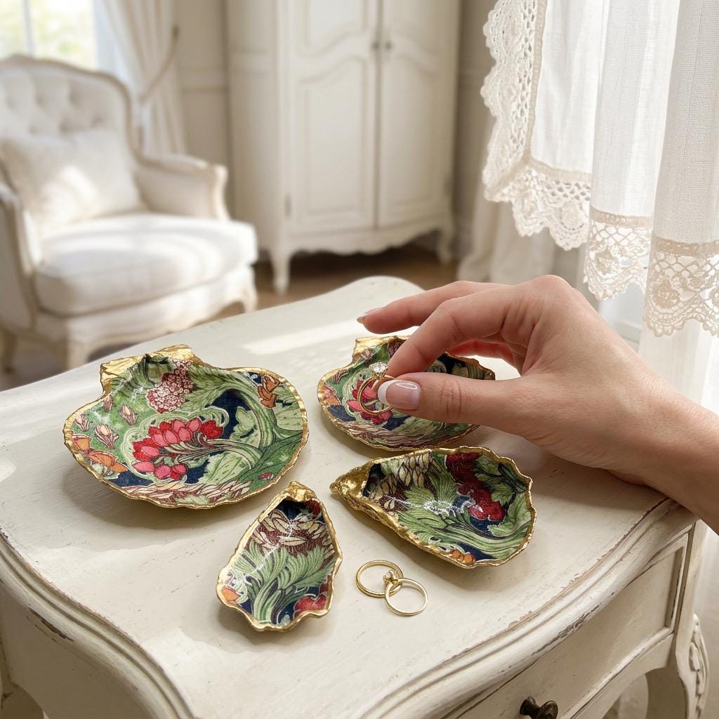 Handcrafted V&A Museum Swirling Trees shell dish collection featuring large and small scallop shells and oyster shells decorated with flowing botanical artwork, pink water lilies and rich green foliage. Each natural Dorset shell is hand-gilded with real liquid gold leaf and sealed with crystal-clear resin. Luxury coastal decor, jewellery dishes, ring holders and trinket trays. Available individually or as a coordinated set of four shells.