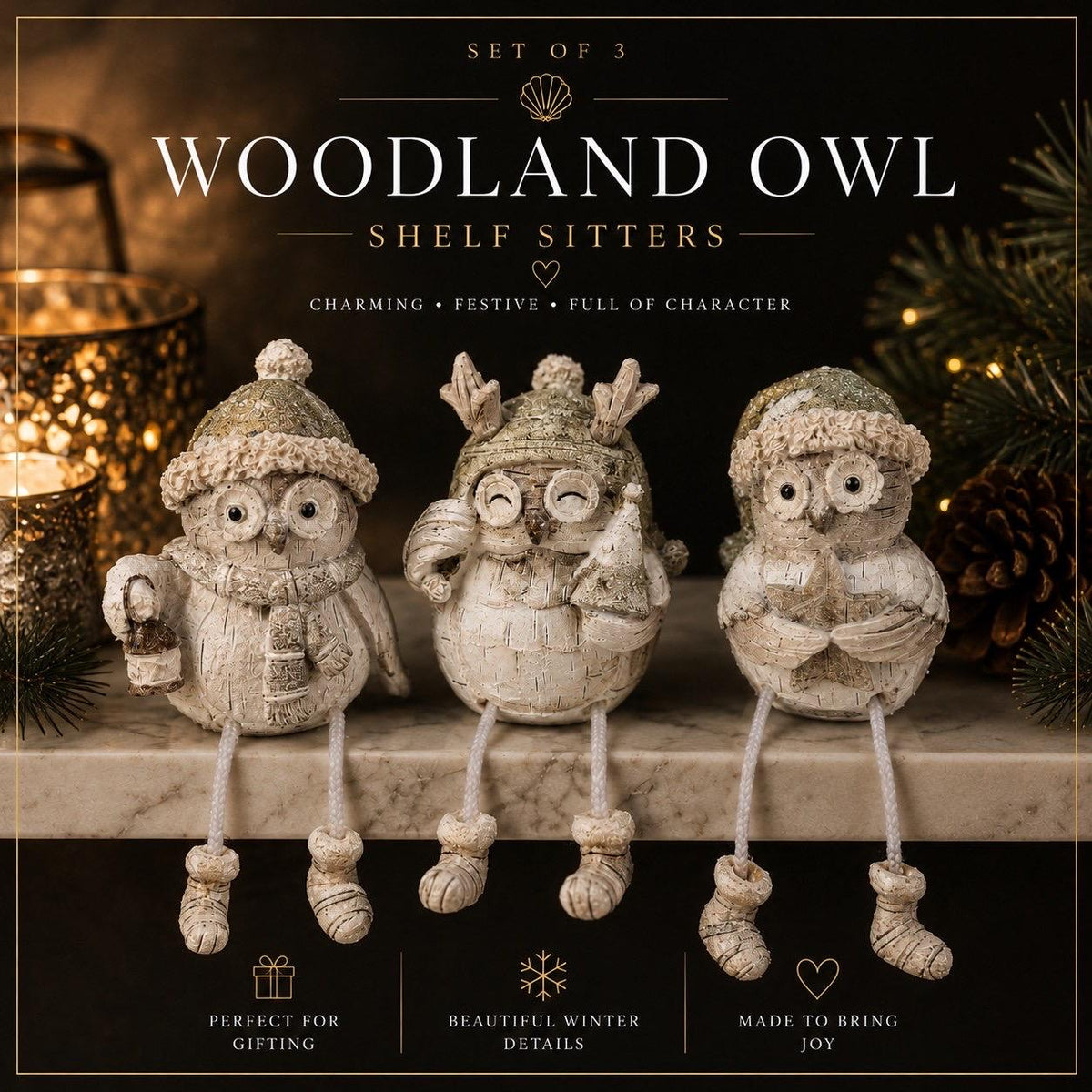 Set of three woodland Christmas owl shelf sitter decorations in soft white, grey and natural tones, featuring winter hats, scarves and festive details. Moulded resin owl ornaments with subtle glitter accents and dangling cord legs with little boots, designed to sit on a shelf, mantelpiece or windowsill. Festive woodland Christmas décor and owl lover gift.