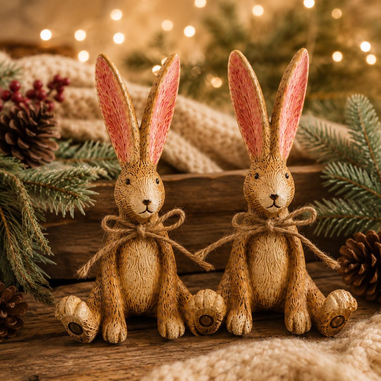 Hand finished brown Christmas rabbit ornament with soft pink inner ears and a rustic jute bow. Single resin bunny decoration sold individually, styled as festive shelf decor for a mantelpiece, console table or woodland Christmas display. Rustic country home ornament and Christmas gift for rabbit lovers.