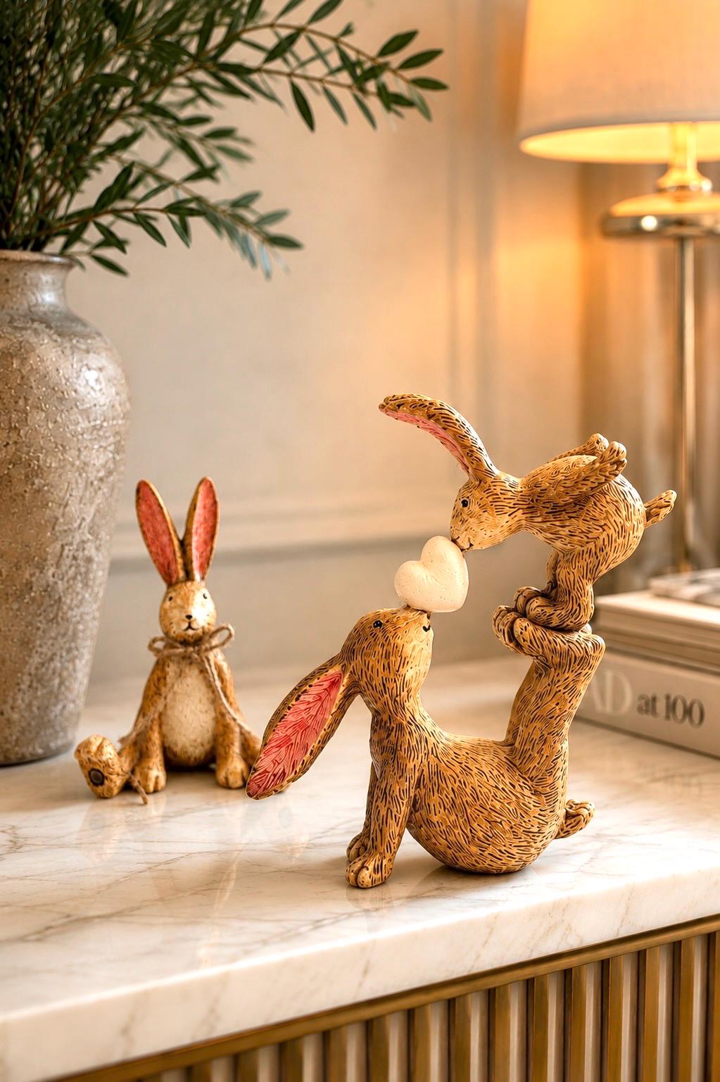 Hand finished polyresin Christmas bunny ornaments with rustic jute bows and soft pink inner ears. Decorative rabbit shelf ornaments shown as a seated bunny and two bunnies kissing, available individually or as a set. Festive woodland-style decor for Christmas shelves, mantelpieces, cottage interiors and rabbit lover gifts.