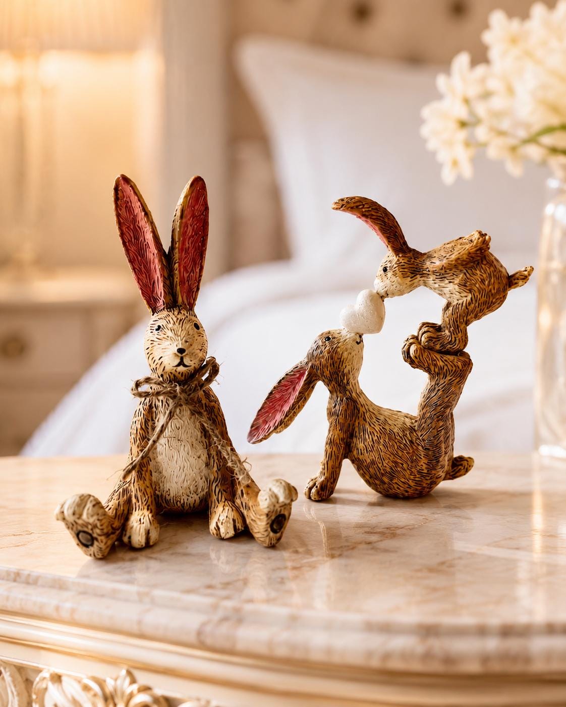 Hand finished polyresin Christmas bunny ornaments with rustic jute bows and soft pink inner ears. Decorative rabbit shelf ornaments shown as a seated bunny and two bunnies kissing, available individually or as a set. Festive woodland-style decor for Christmas shelves, mantelpieces, cottage interiors and rabbit lover gifts.