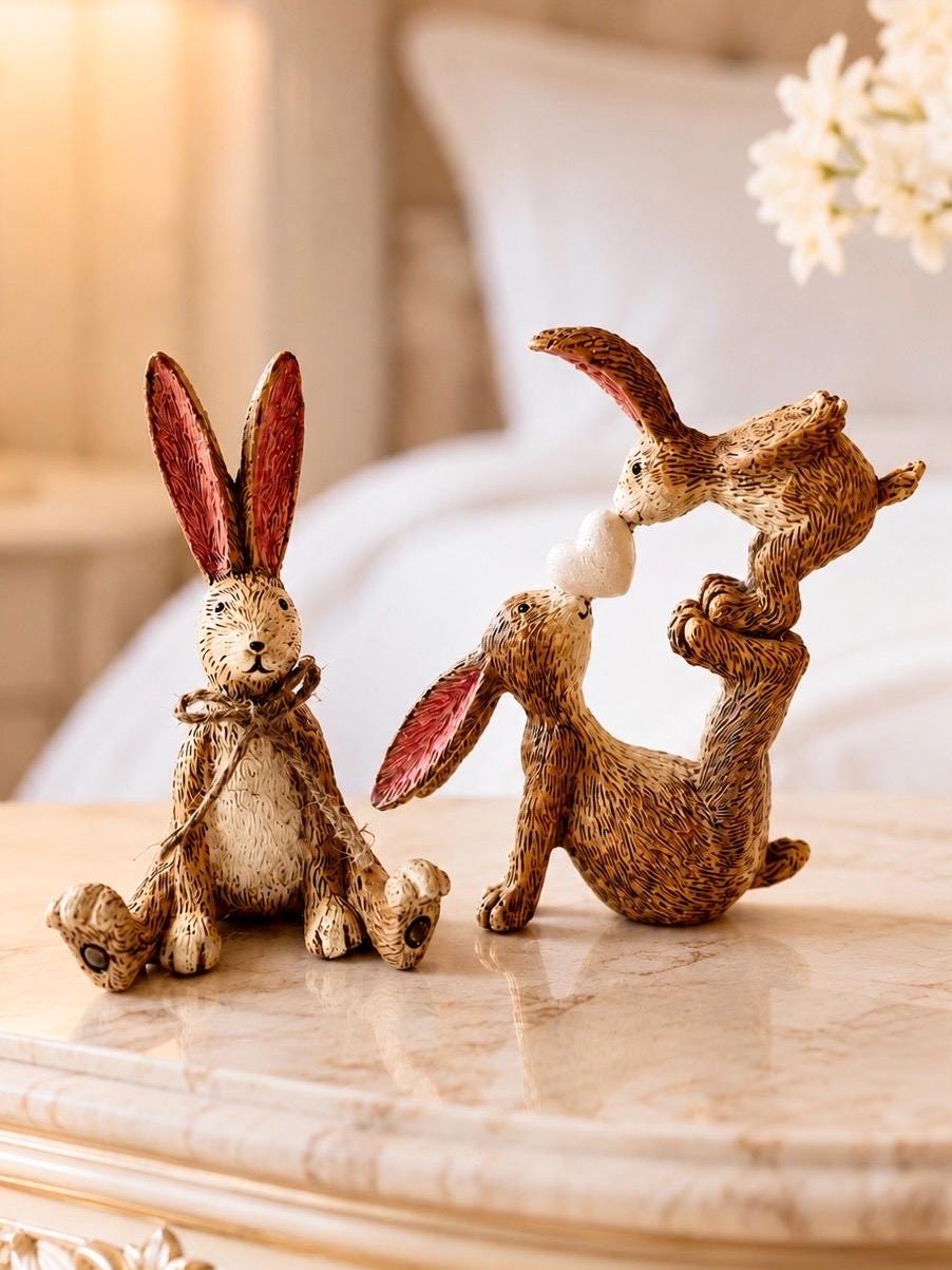 Hand finished polyresin Christmas bunny ornaments with rustic jute bows and soft pink inner ears. Decorative rabbit shelf ornaments shown as a seated bunny and two bunnies kissing, available individually or as a set. Festive woodland-style decor for Christmas shelves, mantelpieces, cottage interiors and rabbit lover gifts.