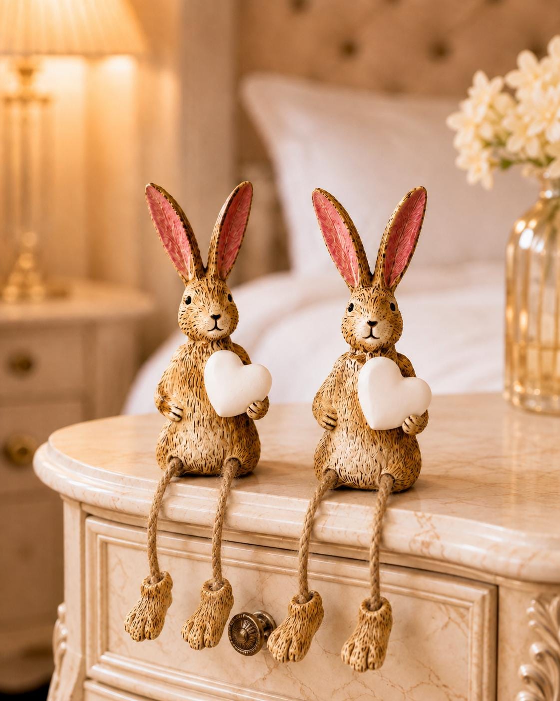 Hand finished brown bunny shelf sitter ornament with white heart and dangling jute legs, rustic polyresin rabbit decoration for shelves, mantels, nursery styling or Christmas home decor. Available individually or as a set of 2.