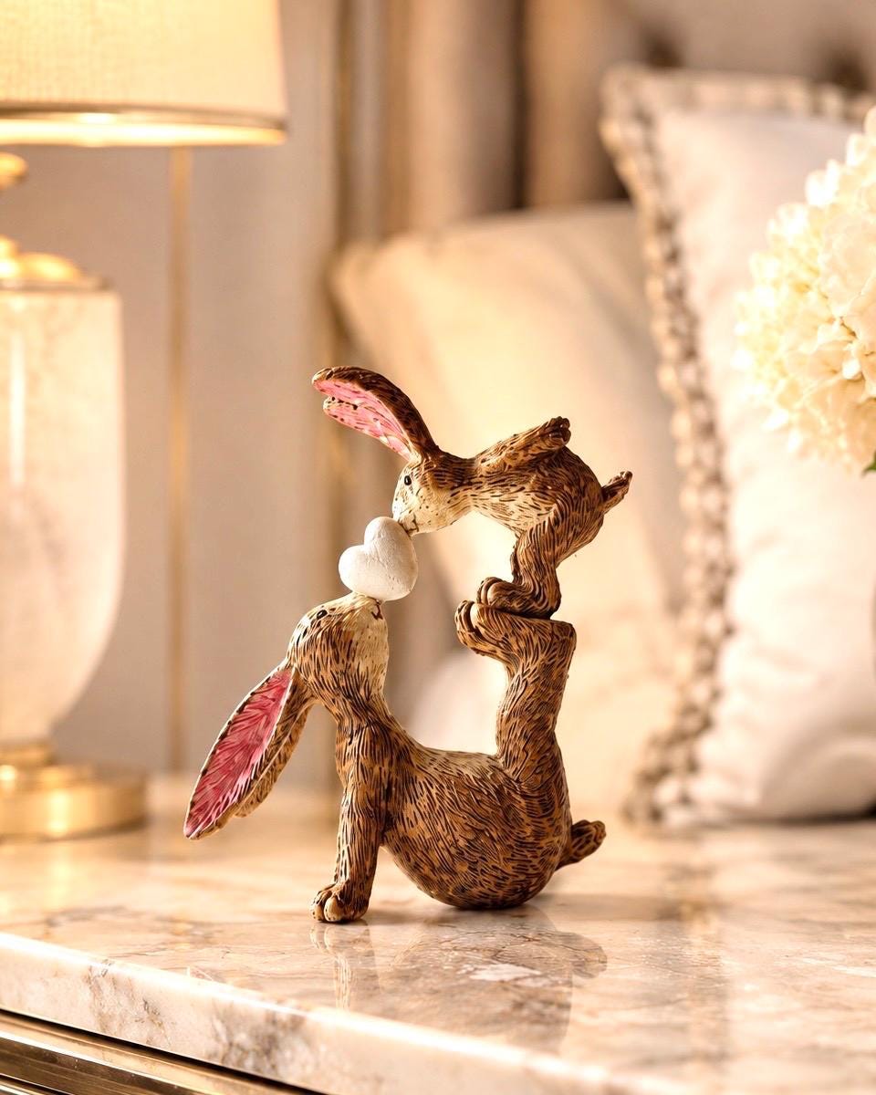 Hand finished brown polyresin bunny and baby rabbit ornament, showing a larger rabbit balancing a baby bunny above with a white heart between them. Rustic textured rabbit figure with pink inner ears, suitable for Christmas shelf decor, mantel styling, rabbit lover gifts and year-round home decoration.