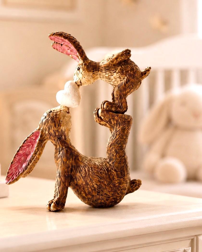 Hand finished brown polyresin bunny and baby rabbit ornament, showing a larger rabbit balancing a baby bunny above with a white heart between them. Rustic textured rabbit figure with pink inner ears, suitable for Christmas shelf decor, mantel styling, rabbit lover gifts and year-round home decoration.