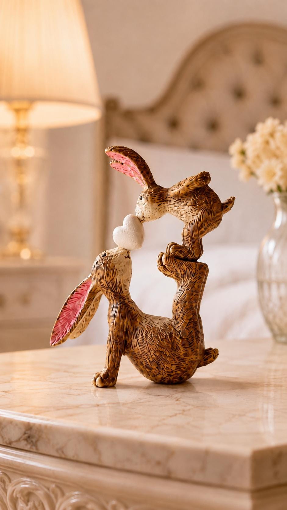 Hand finished brown polyresin bunny and baby rabbit ornament, showing a larger rabbit balancing a baby bunny above with a white heart between them. Rustic textured rabbit figure with pink inner ears, suitable for Christmas shelf decor, mantel styling, rabbit lover gifts and year-round home decoration.