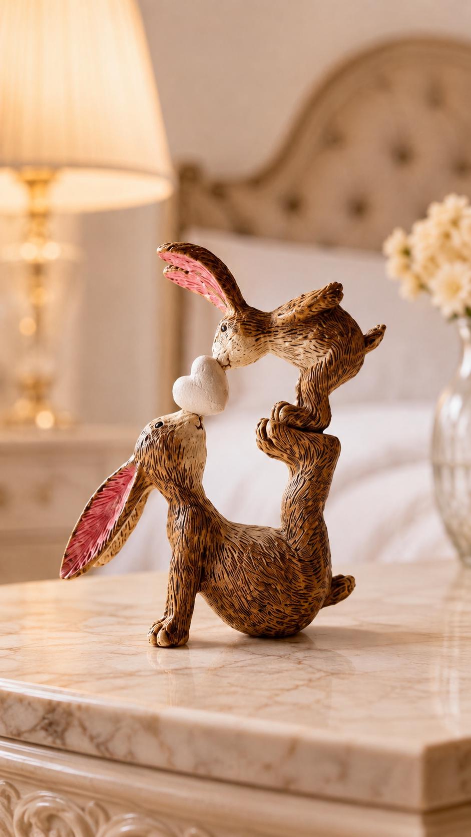 Hand finished brown polyresin bunny and baby rabbit ornament, showing a larger rabbit balancing a baby bunny above with a white heart between them. Rustic textured rabbit figure with pink inner ears, suitable for Christmas shelf decor, mantel styling, rabbit lover gifts and year-round home decoration.