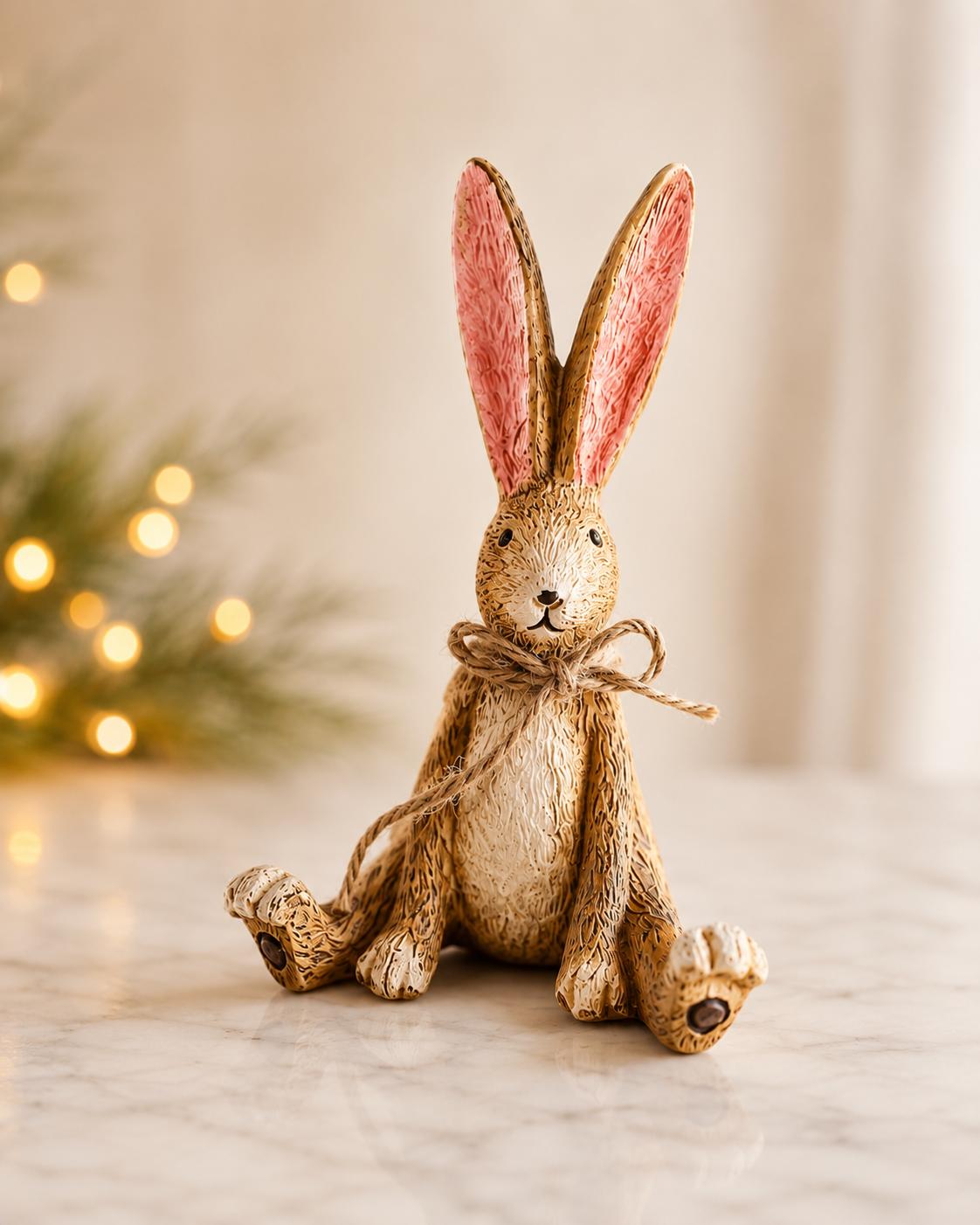 Hand finished brown Christmas rabbit ornament with soft pink inner ears and a rustic jute bow. Single resin bunny decoration sold individually, styled as festive shelf decor for a mantelpiece, console table or woodland Christmas display. Rustic country home ornament and Christmas gift for rabbit lovers.
