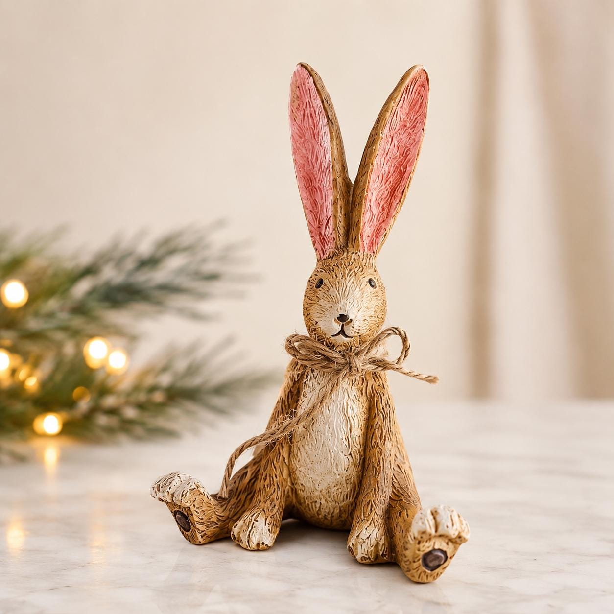 Hand finished brown Christmas rabbit ornament with soft pink inner ears and a rustic jute bow. Single resin bunny decoration sold individually, styled as festive shelf decor for a mantelpiece, console table or woodland Christmas display. Rustic country home ornament and Christmas gift for rabbit lovers.