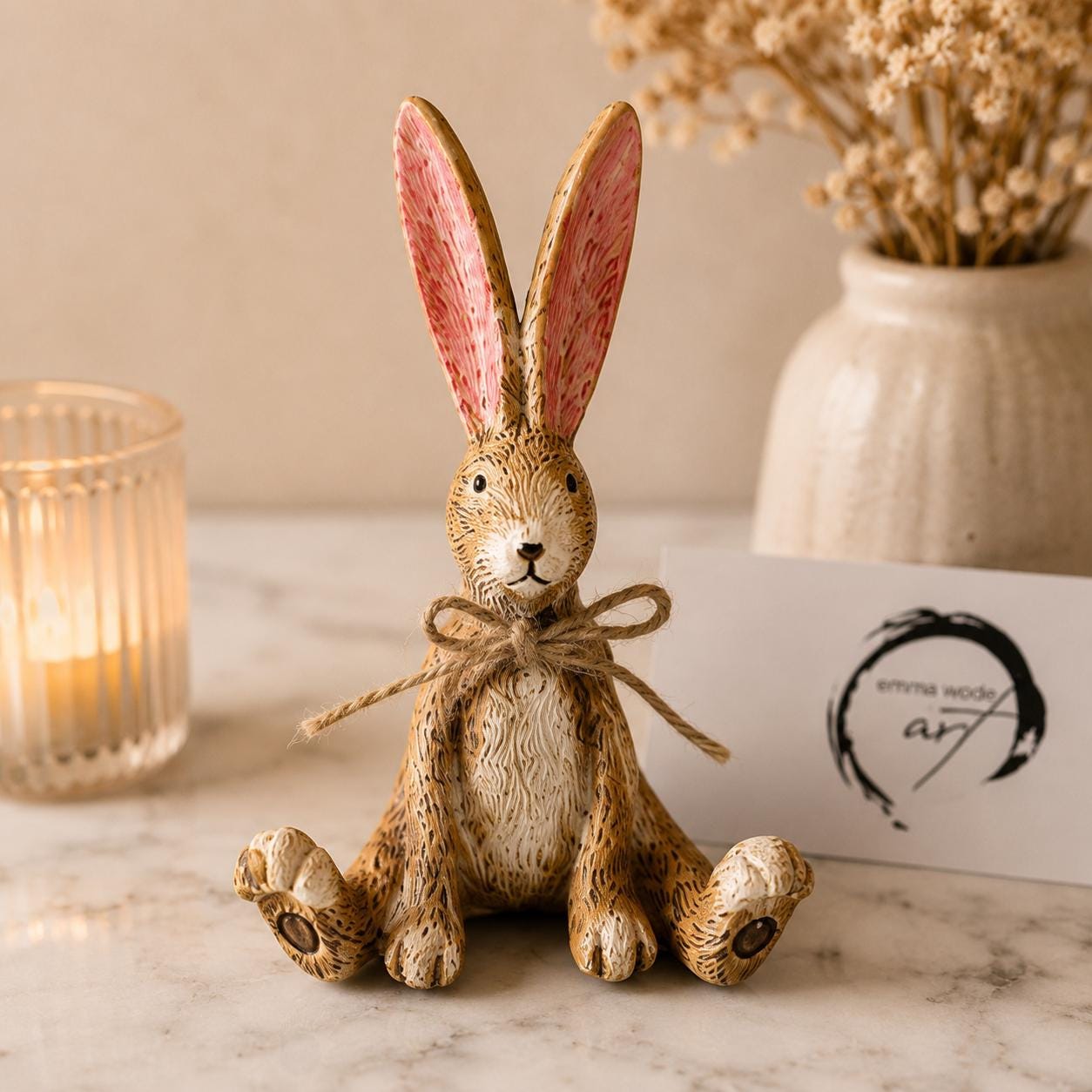 Hand finished brown Christmas rabbit ornament with soft pink inner ears and a rustic jute bow. Single resin bunny decoration sold individually, styled as festive shelf decor for a mantelpiece, console table or woodland Christmas display. Rustic country home ornament and Christmas gift for rabbit lovers.
