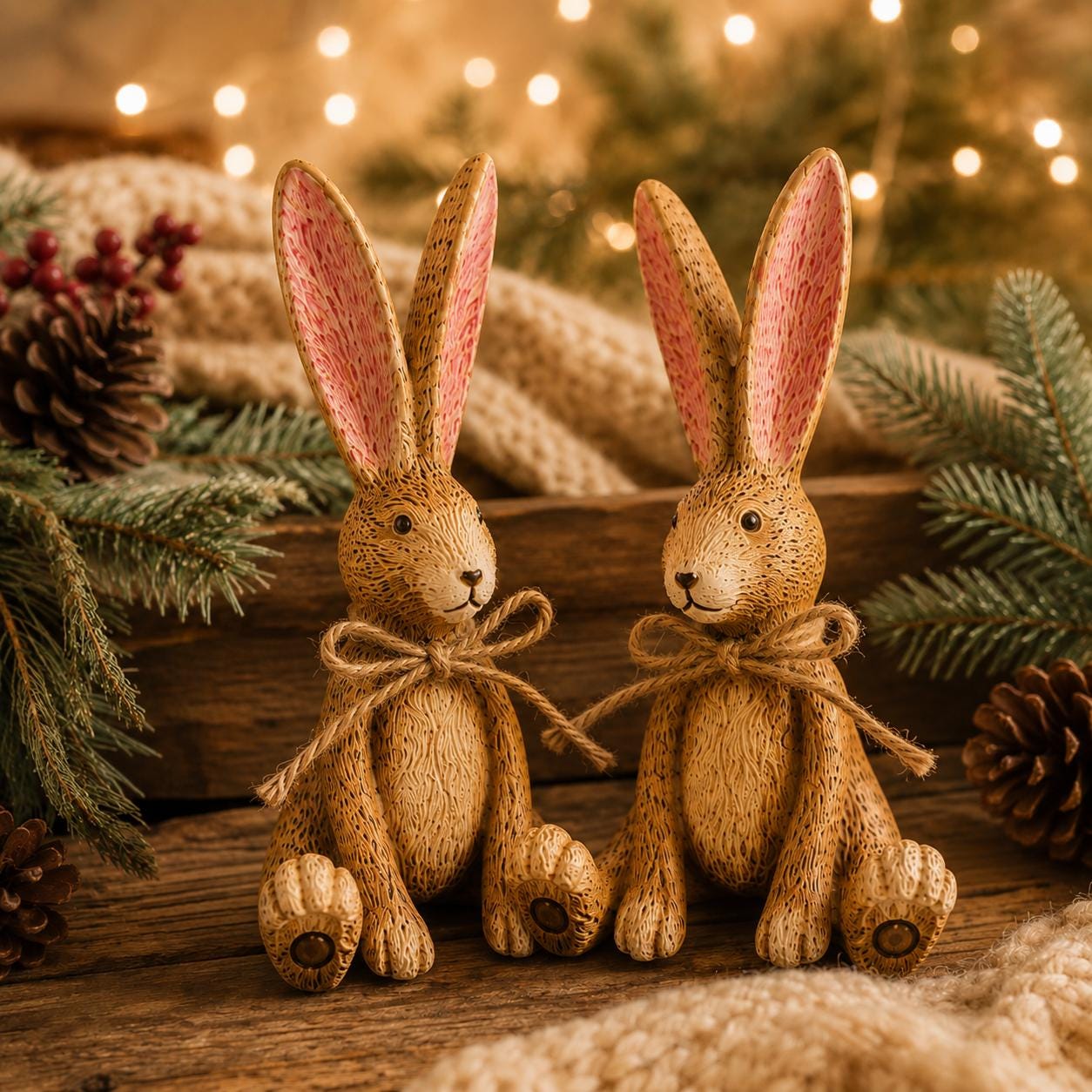 Hand finished brown Christmas rabbit ornament with soft pink inner ears and a rustic jute bow. Single resin bunny decoration sold individually, styled as festive shelf decor for a mantelpiece, console table or woodland Christmas display. Rustic country home ornament and Christmas gift for rabbit lovers.