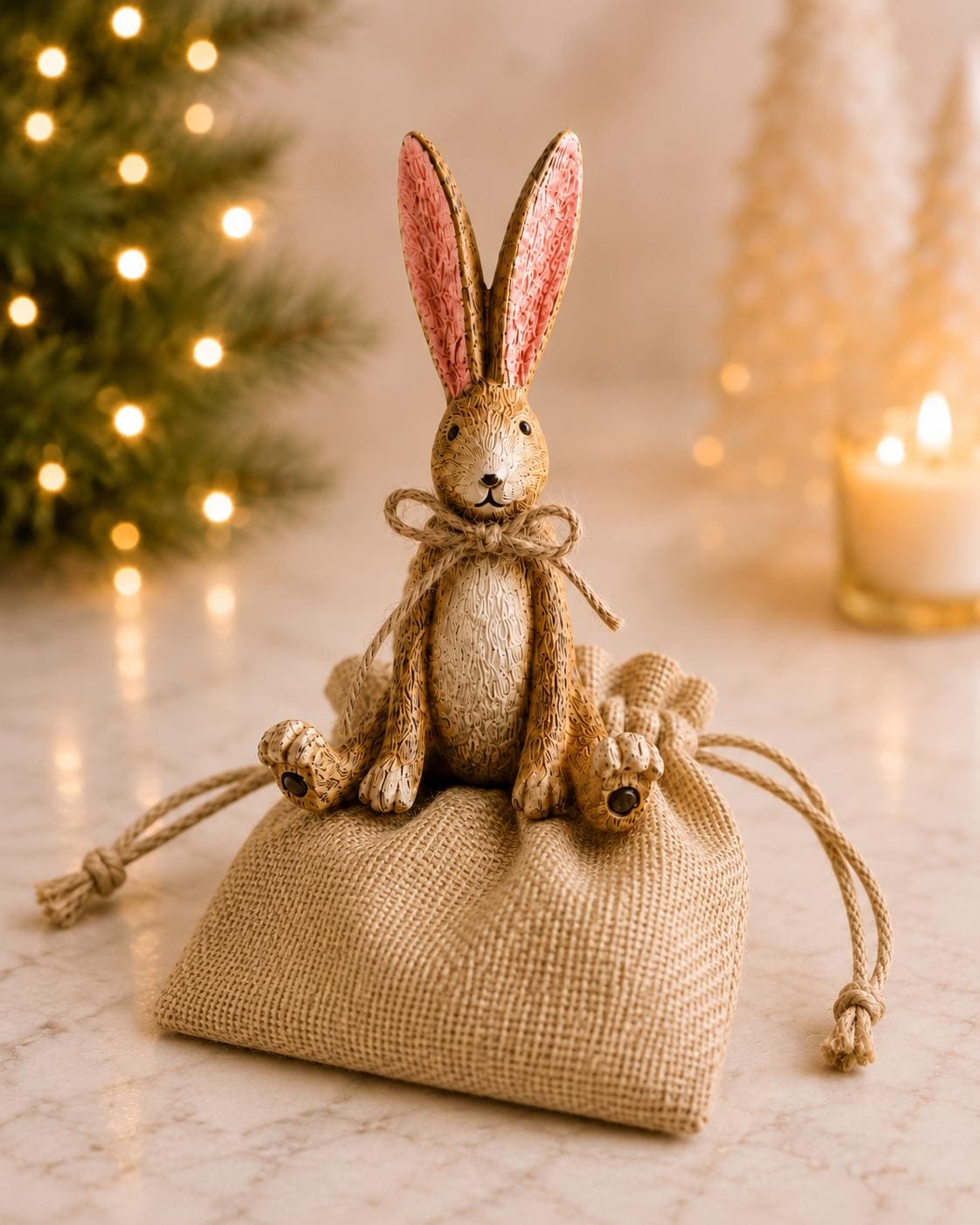 Hand finished brown resin rabbit ornament with rustic jute bow and pink inner ears, seated bunny shelf sitter with detailed textured fur finish. Decorative rabbit figurine styled on a wooden stand against a neutral background. A charming rustic home decor piece ideal for mantel display, nursery styling, cottage interiors or country farmhouse decor. Thoughtful gift for her, new home gift, Mother’s Day present or year round bunny decoration.