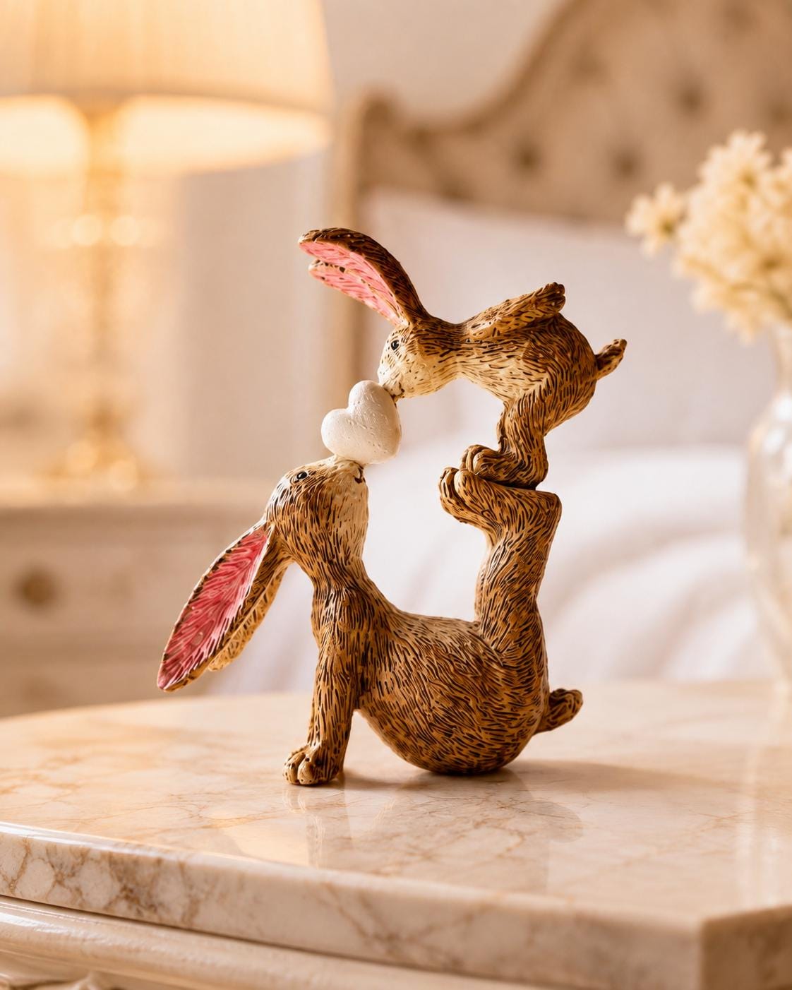 Hand finished polyresin Christmas bunny ornaments with rustic jute bows and soft pink inner ears. Decorative rabbit shelf ornaments shown as a seated bunny and two bunnies kissing, available individually or as a set. Festive woodland-style decor for Christmas shelves, mantelpieces, cottage interiors and rabbit lover gifts.