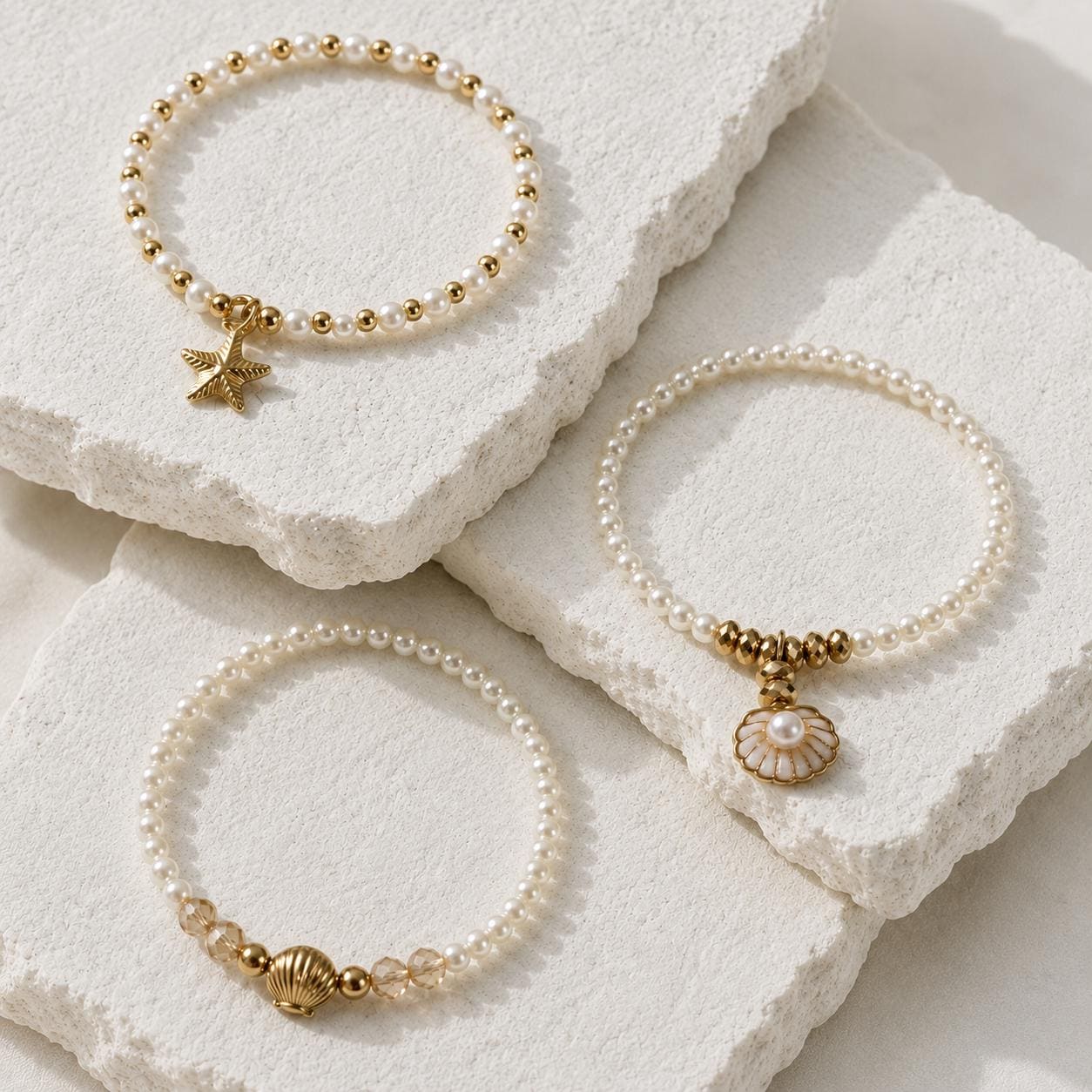 Set of three delicate coastal stretch bracelets featuring small ivory faux pearls and gold-tone seaside details. The coordinating jewellery set includes a blush enamel-style scallop shell charm with pearl centre, a textured gold starfish charm and a ridged gold shell centrepiece with pale champagne faceted beads. Lightweight 16 cm elasticated bohemian costume jewellery for coastal gifts, Christmas presents, stocking fillers, holidays, beach weddings, bridesmaids and gifts for her.