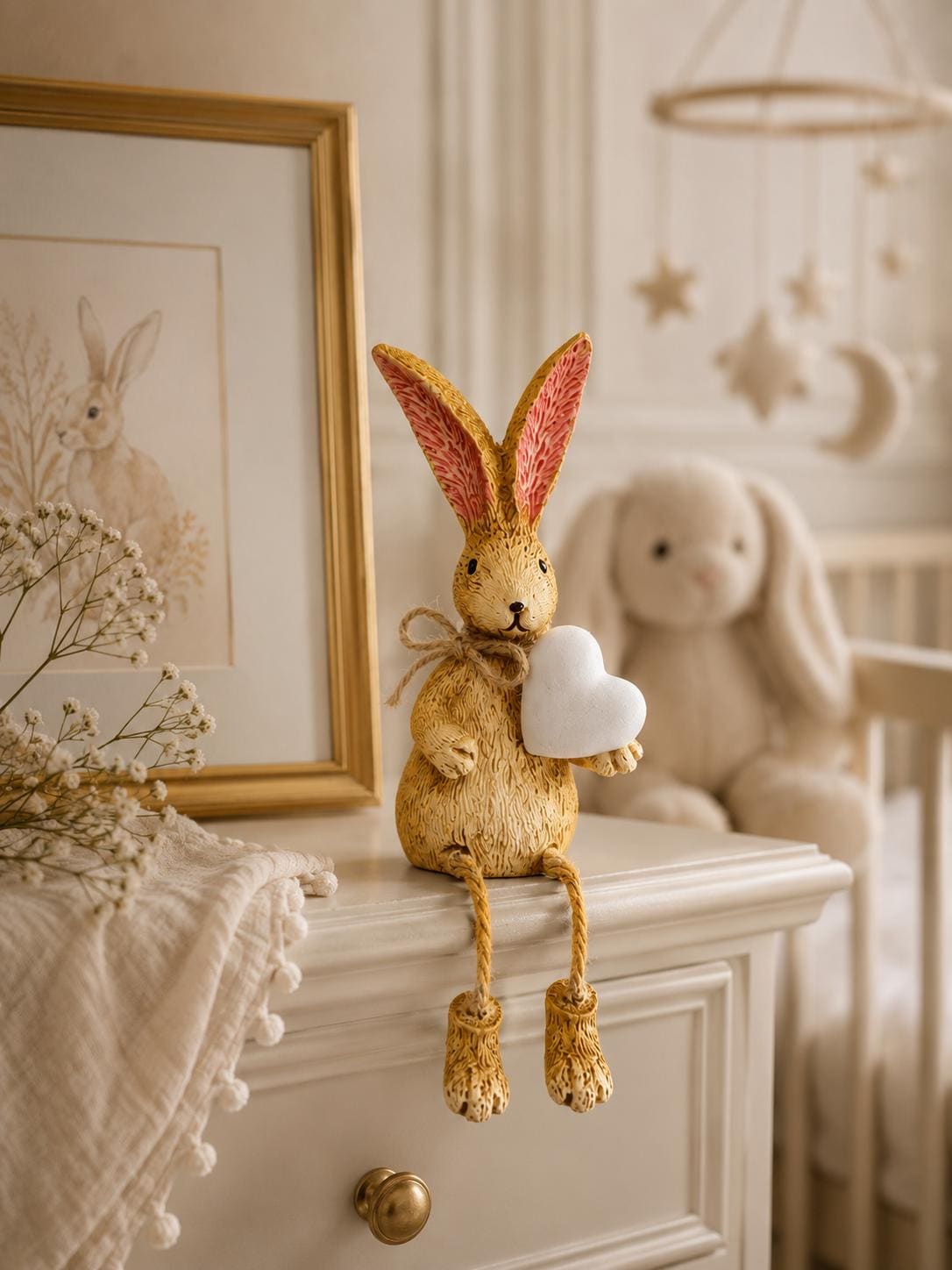 Hand finished brown bunny shelf sitter ornament with white heart and dangling jute legs, rustic polyresin rabbit decoration for shelves, mantels, nursery styling or Christmas home decor. Available individually or as a set of 2.
