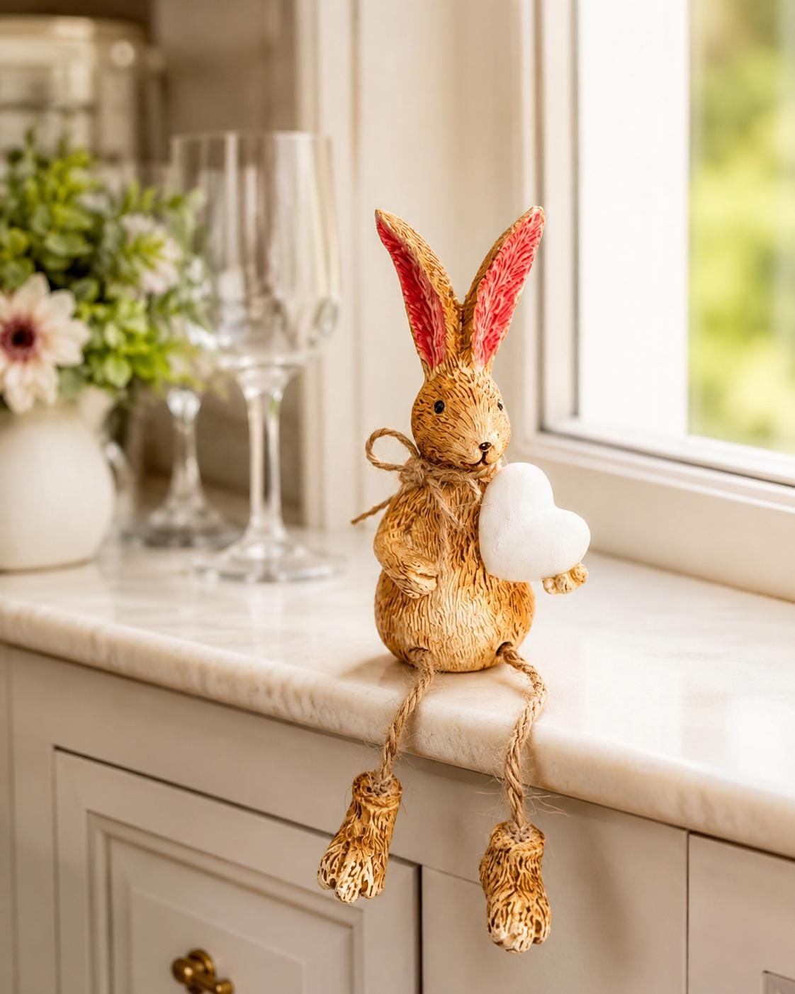 Hand finished brown bunny shelf sitter ornament with white heart and dangling jute legs, rustic polyresin rabbit decoration for shelves, mantels, nursery styling or Christmas home decor. Available individually or as a set of 2.