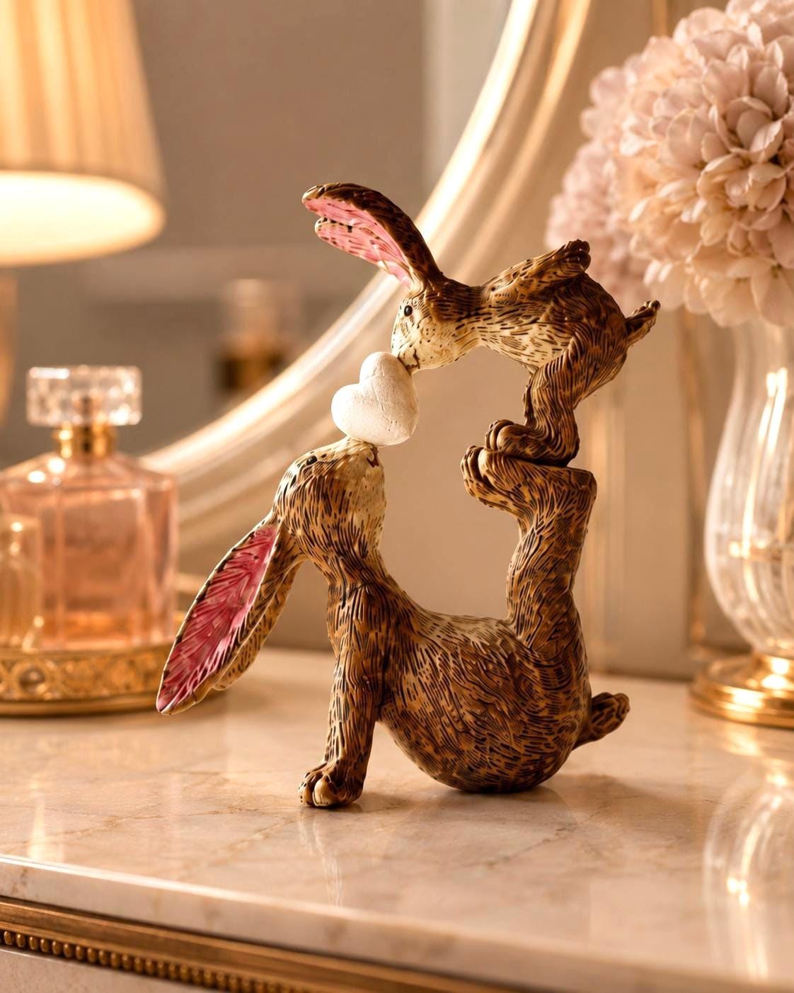 Hand finished brown polyresin bunny and baby rabbit ornament, showing a larger rabbit balancing a baby bunny above with a white heart between them. Rustic textured rabbit figure with pink inner ears, suitable for Christmas shelf decor, mantel styling, rabbit lover gifts and year-round home decoration.