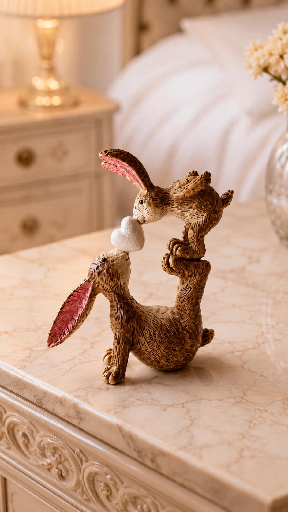 Hand finished brown polyresin bunny and baby rabbit ornament, showing a larger rabbit balancing a baby bunny above with a white heart between them. Rustic textured rabbit figure with pink inner ears, suitable for Christmas shelf decor, mantel styling, rabbit lover gifts and year-round home decoration.