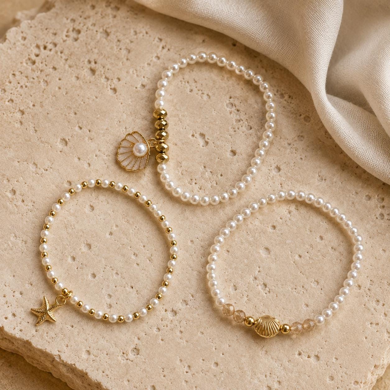 Set of three delicate coastal stretch bracelets featuring small ivory faux pearls and gold-tone seaside details. The coordinating jewellery set includes a blush enamel-style scallop shell charm with pearl centre, a textured gold starfish charm and a ridged gold shell centrepiece with pale champagne faceted beads. Lightweight 16 cm elasticated bohemian costume jewellery for coastal gifts, Christmas presents, stocking fillers, holidays, beach weddings, bridesmaids and gifts for her.