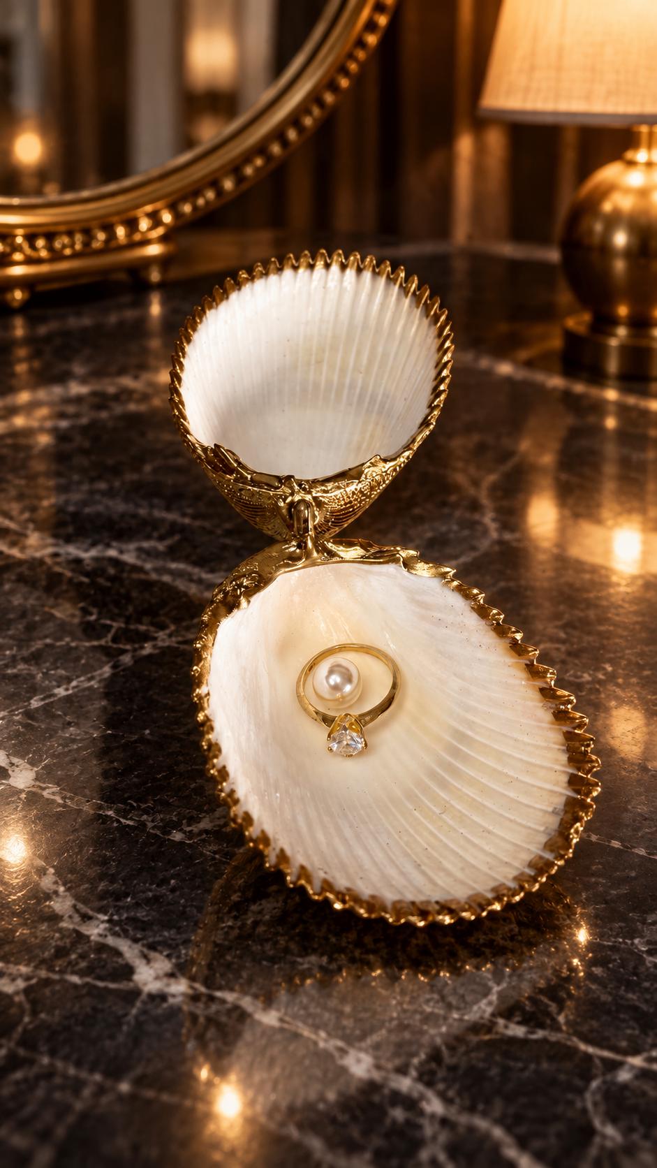 Handmade hinged cockle shell ring box with a natural white ridged interior and hand-finished gold-leaf edging. Available with a natural or gold-leaf outer shell, a natural or gold-speckled interior, and with no pearl or one pearl ring stop. A coastal jewellery box for storing rings and small treasured pieces.