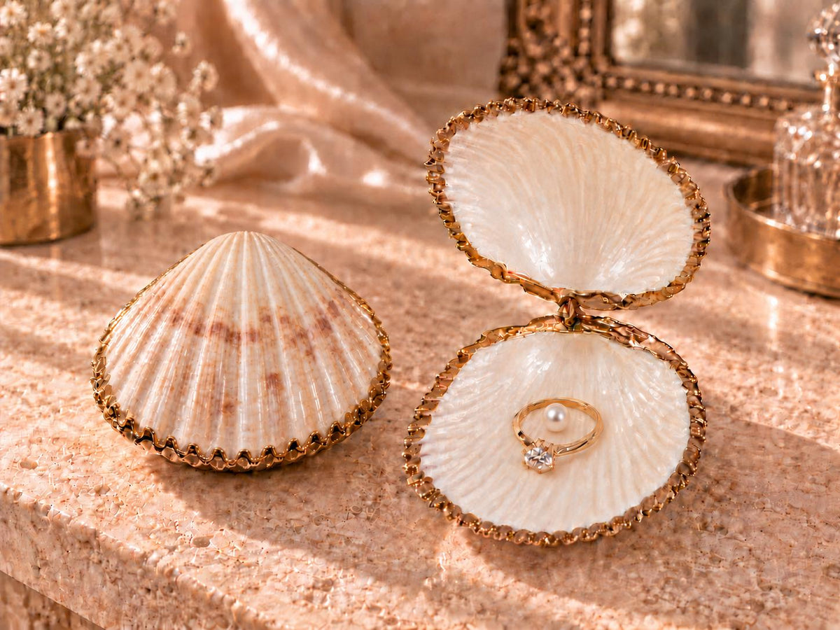 Handmade hinged cockle shell ring box with a natural white ridged interior and hand-finished gold-leaf edging. Available with a natural or gold-leaf outer shell, a natural or gold-speckled interior, and with no pearl or one pearl ring stop. A coastal jewellery box for storing rings and small treasured pieces.