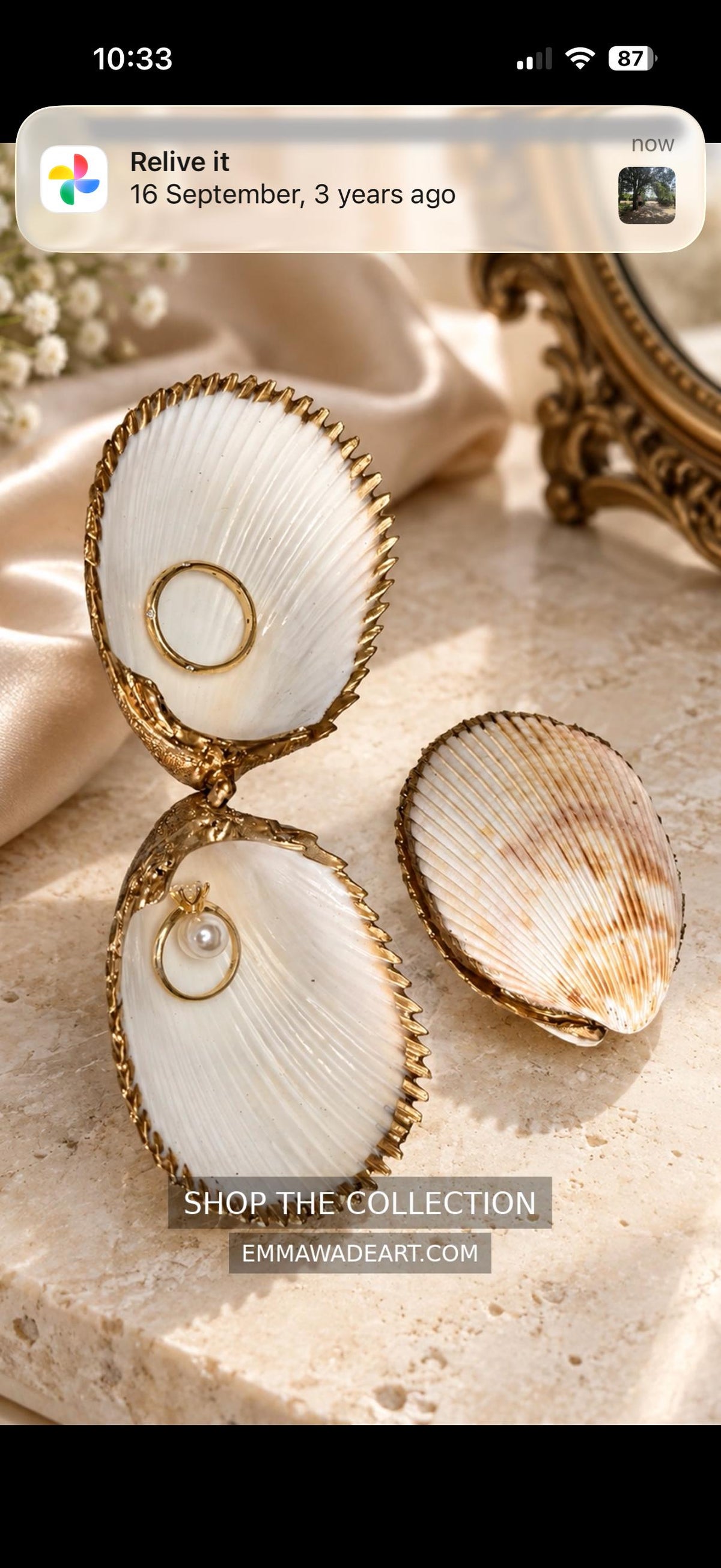 Handmade hinged cockle shell ring box with a natural white ridged interior and hand-finished gold-leaf edging. Available with a natural or gold-leaf outer shell, a natural or gold-speckled interior, and with no pearl or one pearl ring stop. A coastal jewellery box for storing rings and small treasured pieces.