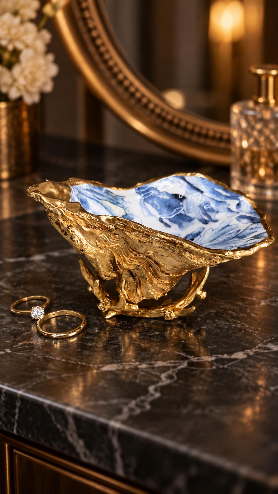 Trinket dishes gold finish, shell jewellery dish, navy and gold trinket tray, shell scallop dish, trinket tray shell, she dreams of the sea, shell jewellery bowl, golden trinket dish, oyster shell blue seaweed, blue and gold dishes, decoupaged earring dish, oyster dish with coral, shell art trinket, decoupage shell dish, Emma Wade art, bride oyster dish, oyster shell trinket, shell key bowl, shell coral dish