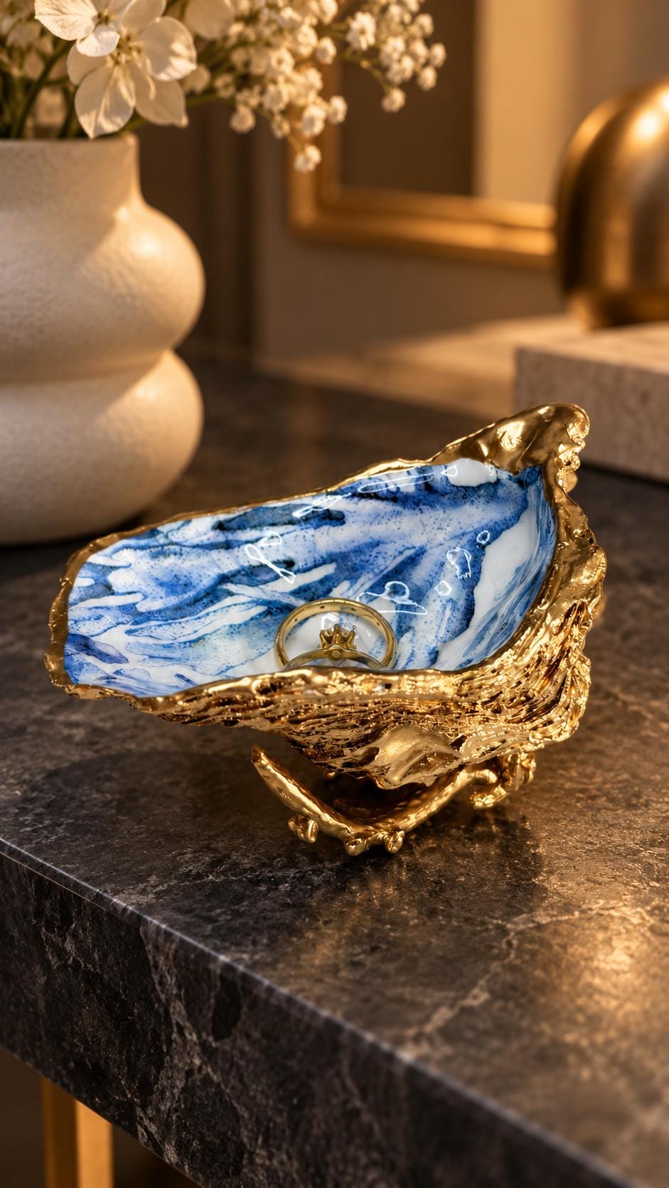 Trinket dishes gold finish, shell jewellery dish, navy and gold trinket tray, shell scallop dish, trinket tray shell, she dreams of the sea, shell jewellery bowl, golden trinket dish, oyster shell blue seaweed, blue and gold dishes, decoupaged earring dish, oyster dish with coral, shell art trinket, decoupage shell dish, Emma Wade art, bride oyster dish, oyster shell trinket, shell key bowl, shell coral dish