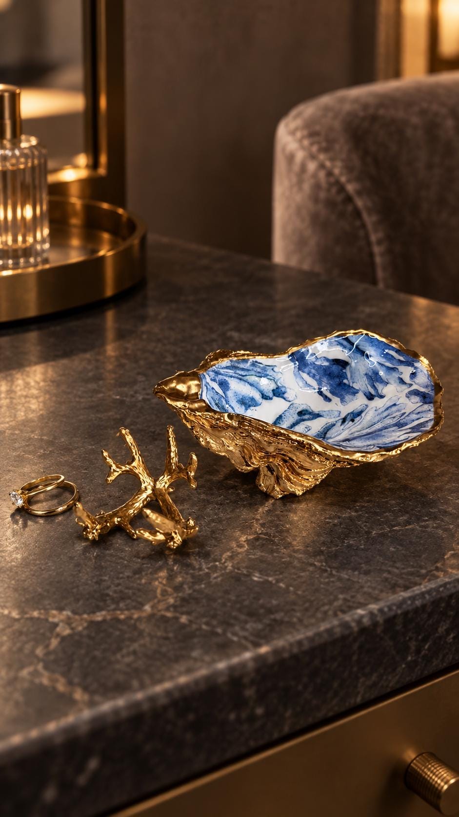 Trinket dishes gold finish, shell jewellery dish, navy and gold trinket tray, shell scallop dish, trinket tray shell, she dreams of the sea, shell jewellery bowl, golden trinket dish, oyster shell blue seaweed, blue and gold dishes, decoupaged earring dish, oyster dish with coral, shell art trinket, decoupage shell dish, Emma Wade art, bride oyster dish, oyster shell trinket, shell key bowl, shell coral dish