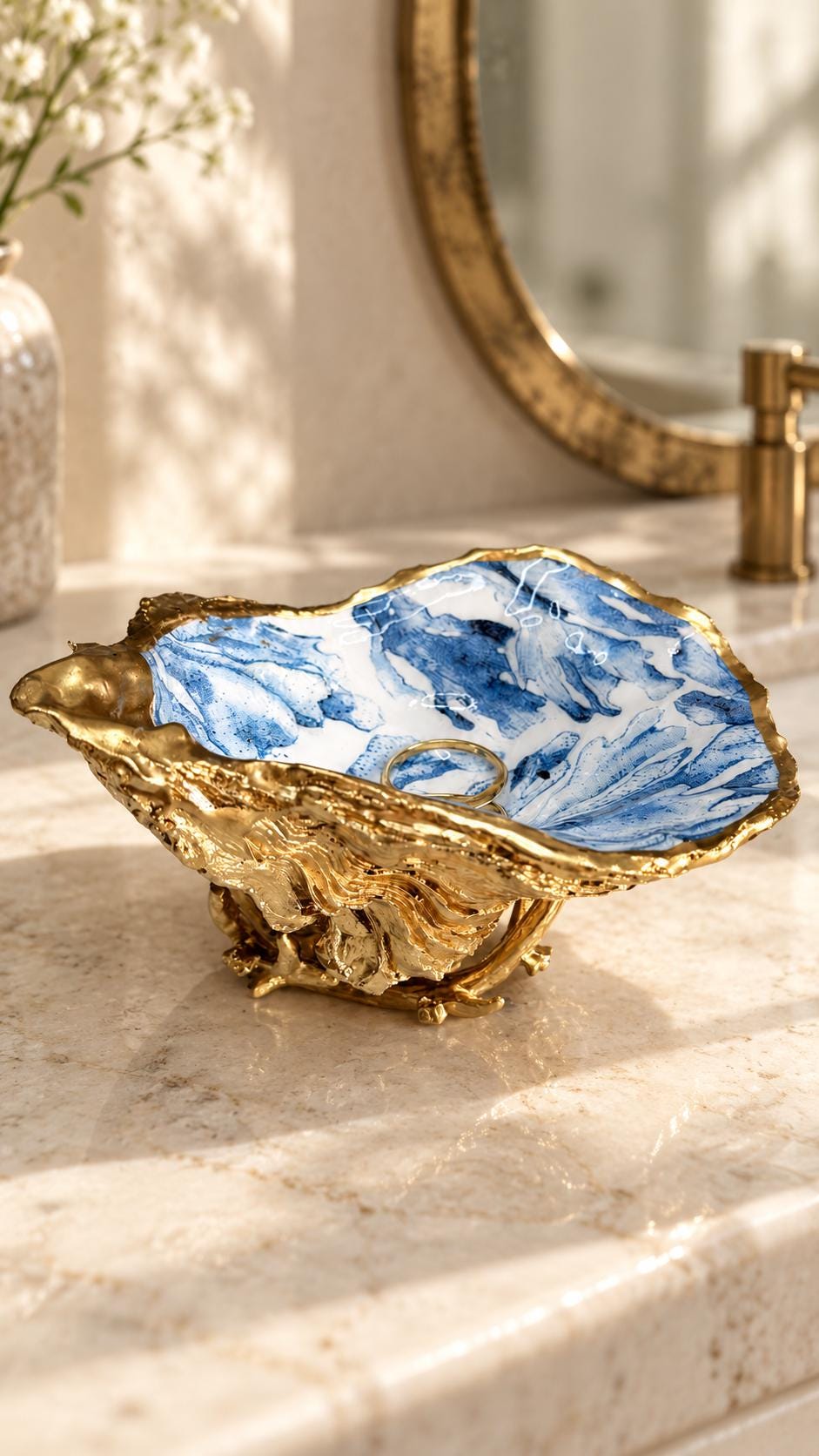 Trinket dishes gold finish, shell jewellery dish, navy and gold trinket tray, shell scallop dish, trinket tray shell, she dreams of the sea, shell jewellery bowl, golden trinket dish, oyster shell blue seaweed, blue and gold dishes, decoupaged earring dish, oyster dish with coral, shell art trinket, decoupage shell dish, Emma Wade art, bride oyster dish, oyster shell trinket, shell key bowl, shell coral dish