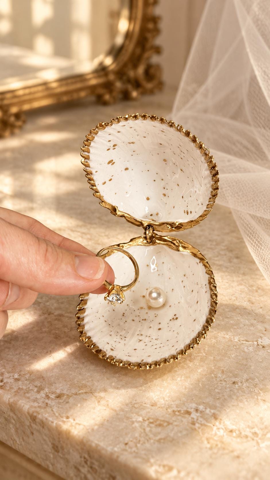 Handmade hinged cockle shell ring box with a natural white ridged interior and hand-finished gold-leaf edging. Available with a natural or gold-leaf outer shell, a natural or gold-speckled interior, and with no pearl or one pearl ring stop. A coastal jewellery box for storing rings and small treasured pieces.