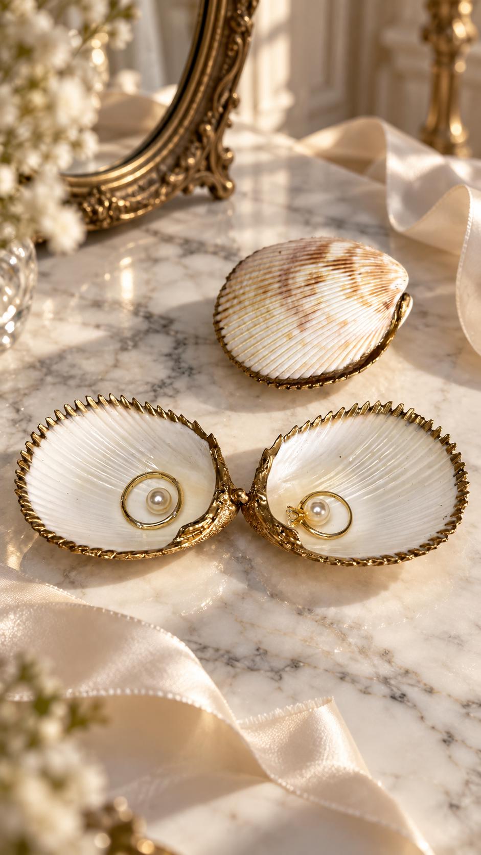 Handmade hinged cockle shell ring box with a natural white ridged interior and hand-finished gold-leaf edging. Available with a natural or gold-leaf outer shell, a natural or gold-speckled interior, and with no pearl or one pearl ring stop. A coastal jewellery box for storing rings and small treasured pieces.