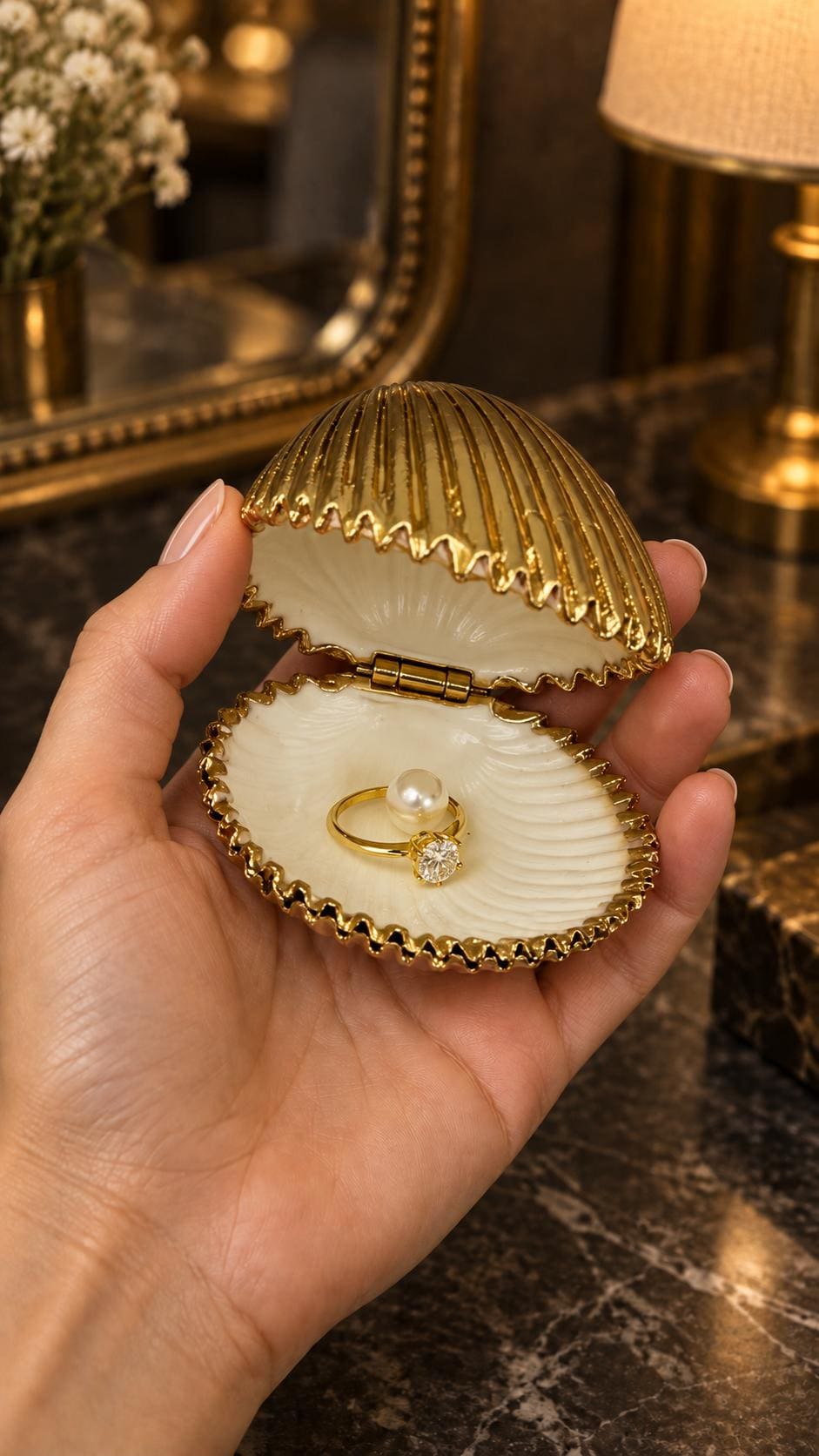 Handmade hinged cockle shell ring box with a natural white ridged interior and hand-finished gold-leaf edging. Available with a natural or gold-leaf outer shell, a natural or gold-speckled interior, and with no pearl or one pearl ring stop. A coastal jewellery box for storing rings and small treasured pieces.
