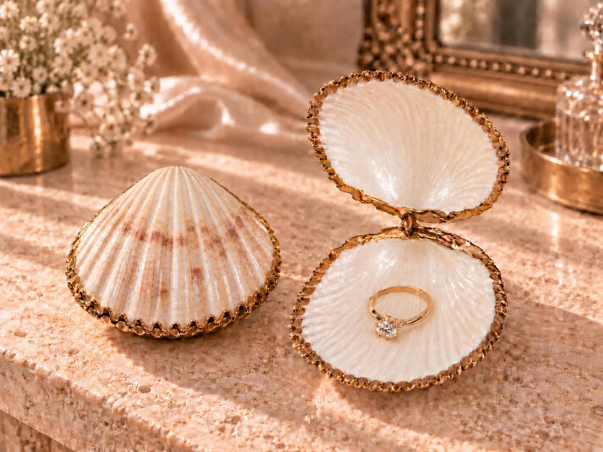 Handmade hinged cockle shell ring box with a natural white ridged interior and hand-finished gold-leaf edging. Available with a natural or gold-leaf outer shell, a natural or gold-speckled interior, and with no pearl or one pearl ring stop. A coastal jewellery box for storing rings and small treasured pieces.