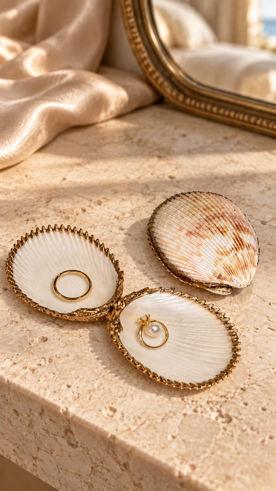 Handmade hinged cockle shell ring box with a natural white ridged interior and hand-finished gold-leaf edging. Available with a natural or gold-leaf outer shell, a natural or gold-speckled interior, and with no pearl or one pearl ring stop. A coastal jewellery box for storing rings and small treasured pieces.