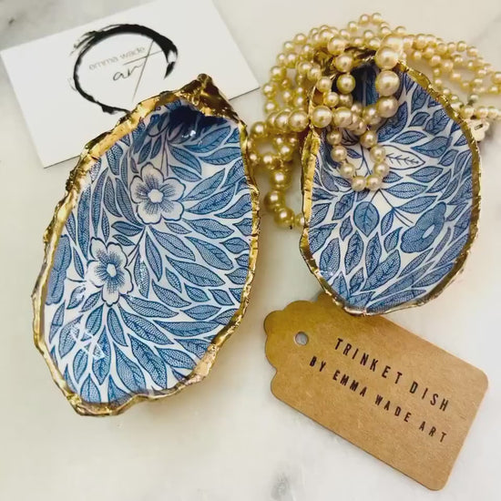 Handcrafted Leaves Oyster Shell Trinket Dish: Blue Floral Gilded Jewelry Holder | Uk Coastal Gift