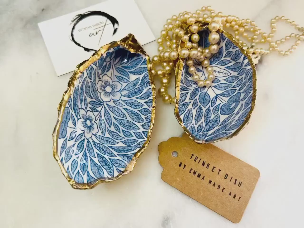 Handcrafted Leaves Oyster Shell Trinket Dish: Blue Floral Gilded Jewelry Holder | Uk Coastal Gift