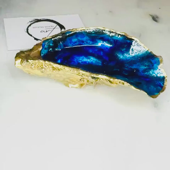 Hand-Painted Ocean Themed Oyster Shell Trinket Dish: Blue Ocean Waves Ring Tray, Gold Leaf Coastal gift, Host Gift