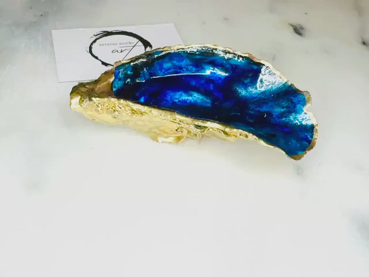 Hand-Painted Ocean Themed Oyster Shell Trinket Dish: Blue Ocean Waves Ring Tray, Gold Leaf Coastal gift, Host Gift
