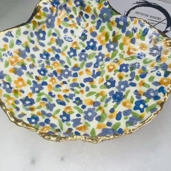 Emma Bridgewater Wildflower Scallop Shell Trinket Dish: Gilded Gold Leaf Blue Yellow Ring Holder sealed with Resin. Made in the UK.