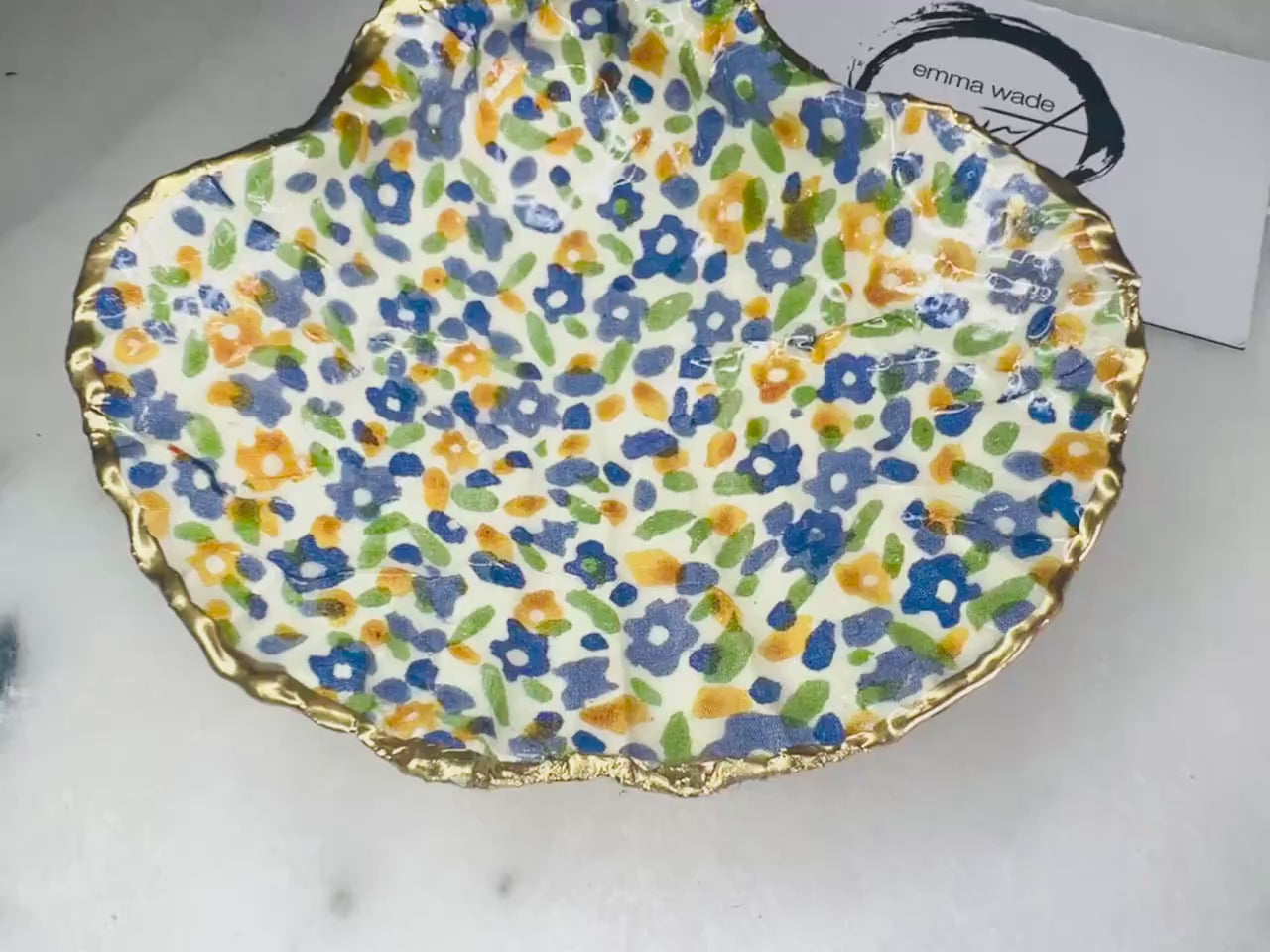 Emma Bridgewater Wildflower Scallop Shell Trinket Dish: Gilded Gold Leaf Blue Yellow Ring Holder sealed with Resin. Made in the UK.