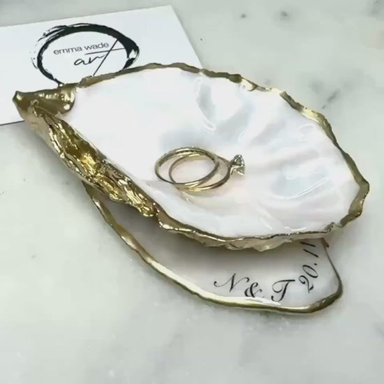 Gold Leaf Oyster Shell Dish Set | Personalisation available | Dorset Pearl Jewellery Dish | Cupped Oyster on Flat Shell Base | Handmade Gift