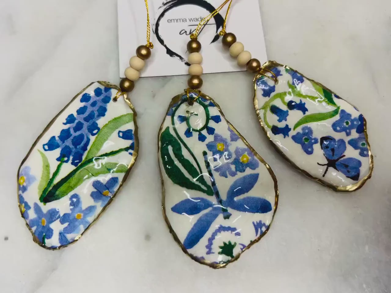 Emma Bridgewater Blue Spring Flowers Oyster Shell Ornaments - Set of 3