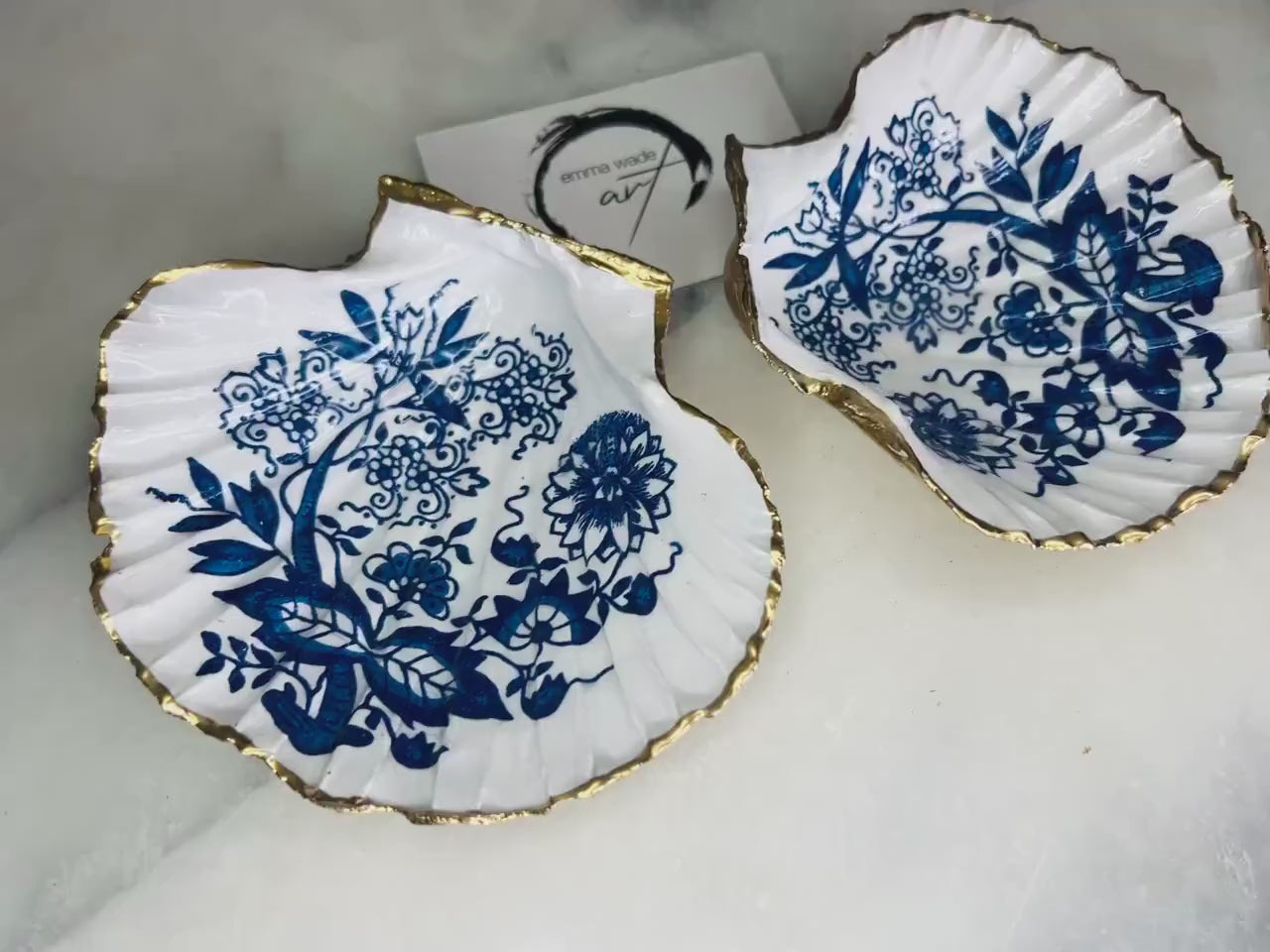 Blue Onion Floral Scallop Shell Trinket Dish, Gold Leaf Ring Holder, Handmade Coastal Decor Gift