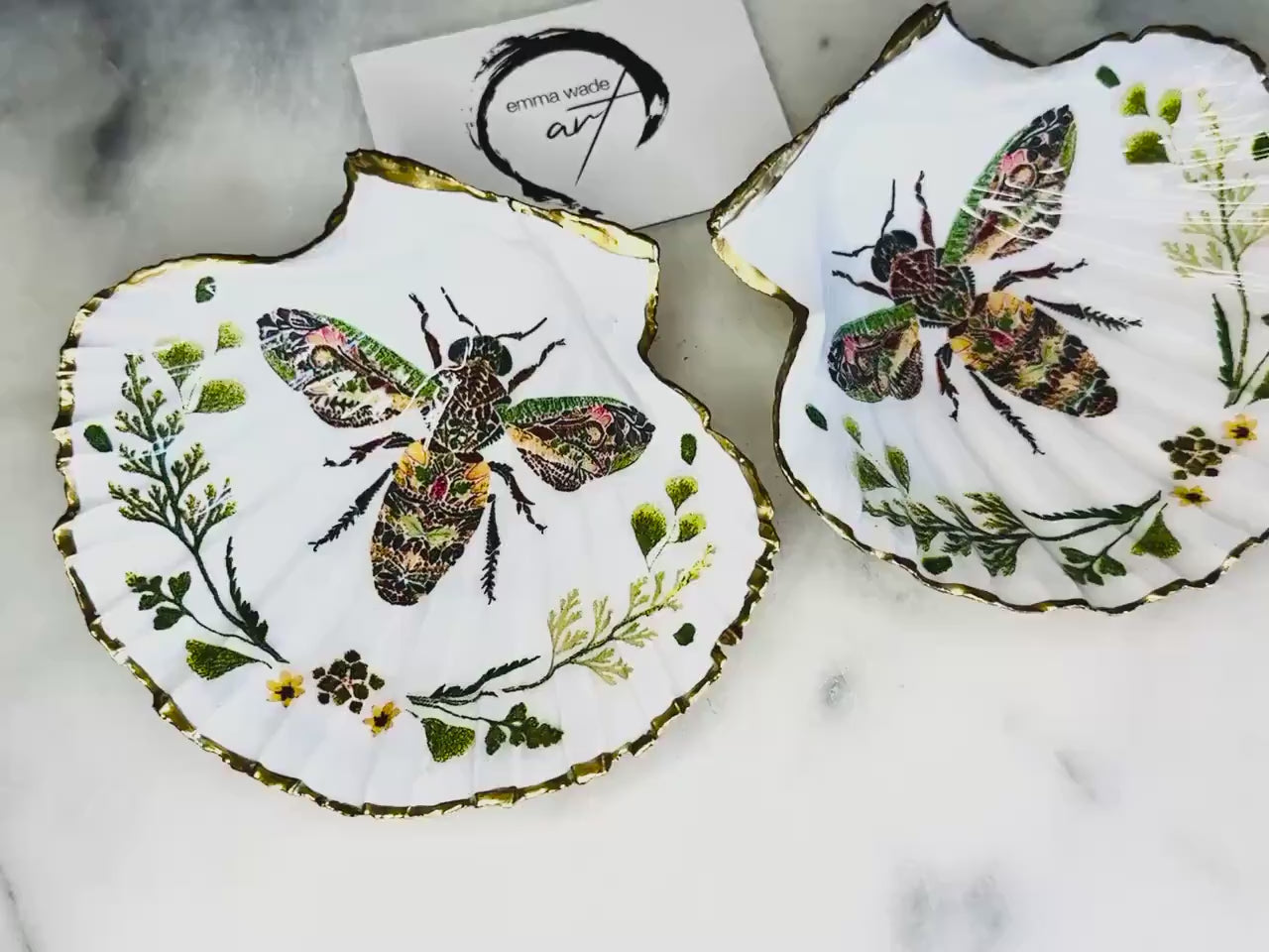 Botanical Bee and Green Ferns Scallop Shell Trinket Dish: Floral Dorset Shell Ring Tray, Nature Lover Gift, UK Coastal Gift