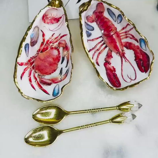 Lobster and Crab Oyster Shell Salt and Pepper pinch pots, Gold Gilded Salt Gift, Coastal Shell Serving Dishes