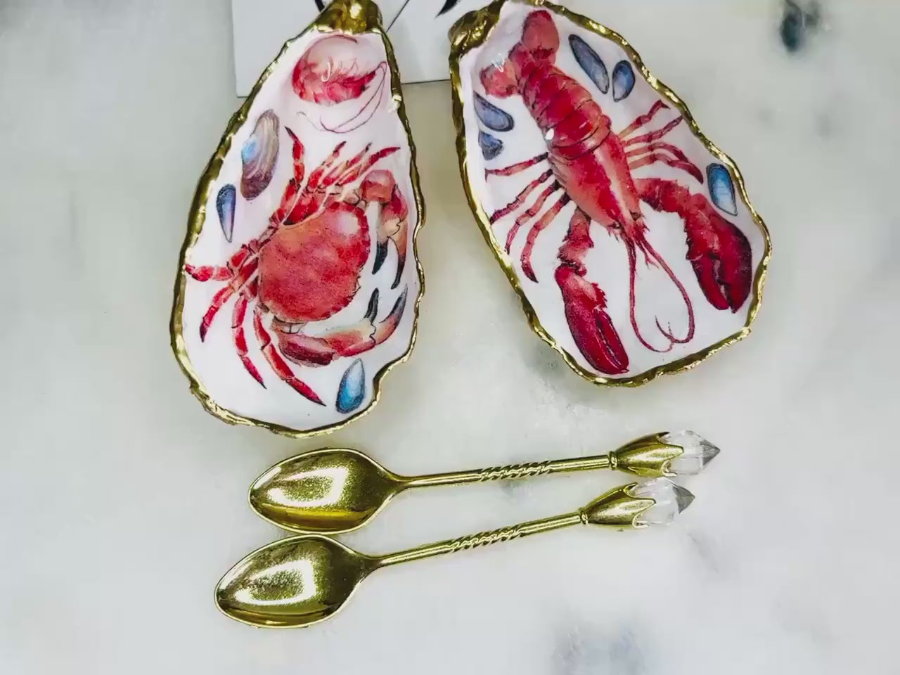 Lobster and Crab Oyster Shell Salt and Pepper pinch pots, Gold Gilded Salt Gift, Coastal Shell Serving Dishes