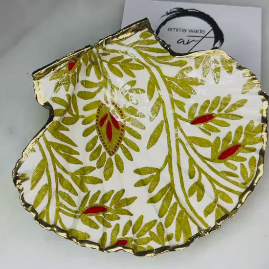 Red Floral Gold Leaf Scallop Shell Trinket Dish, Shell Ring Holder, Coastal Decor, Host gift