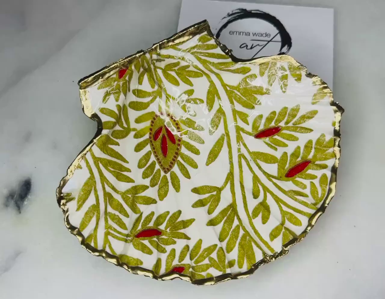 Red Floral Gold Leaf Scallop Shell Trinket Dish, Shell Ring Holder, Coastal Decor, Host gift