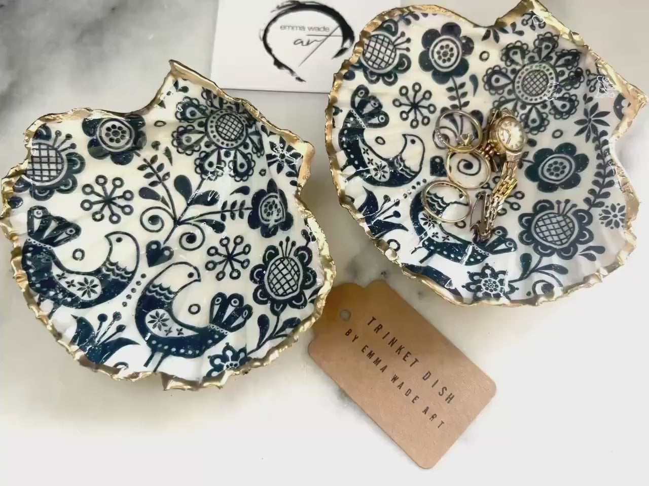 Scadinavian Marimekko Blue Flowers and Birds Scallop Shell Trinket Dish: Gold Leaf Gilded Ring Catcher, Nordic Decor, Coastal Gift